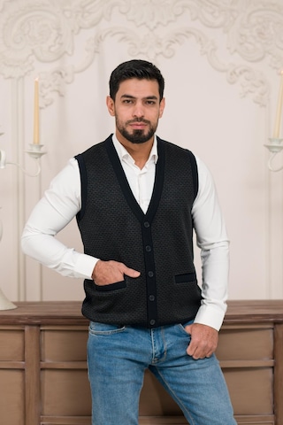 Woolen World Regular Fit Ön Cepli Kolsuz Bitik Desenli Triko Yelek Lacivert