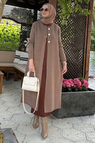 Sinem Çelik Örme Triko Hırka Sütlü Kahve Çok Renkli