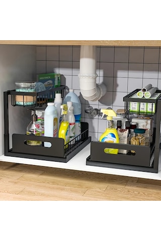 Honeybeeshop Lavabo Altı Düzenleyici Beyaz 1 Paket Kayar Çekmece Rafları Mutfak Banyo Kiler Dolabı Düzenleme Rafı Metal Sürgülü Çekmeceler Beyaz