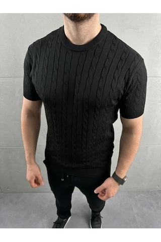 Vexor Erkek Yazlık Triko Dokuma Tişört Kısa Kol Bisiklet Yaka Örgü Desenli T-shirt - Siyah