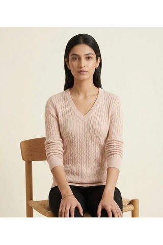 Stormwear Kadın %100 Pamuk V Yaka Burgu Örgü Detaylı Nefes Alan Triko Bluz Kazak Pudra Pembe