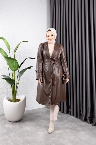 Harman Butik Kadın Deri Cepli Kuşaklı Trençkot Kahverengi Kahverengi