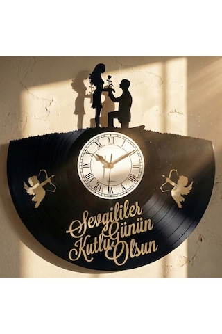 "sevgililer Günün Kutlu Olsun" Yazılı Romantik Kalp Plak Duvar Saati Siyah