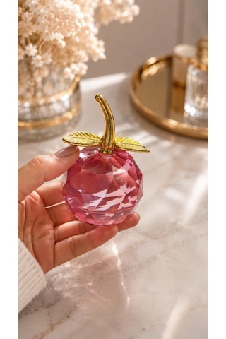 Pembe Kristal Elma Biblo Orta Boy 8.5 Cm Dekoratif Cam Elma Süsü Gold Yapraklı