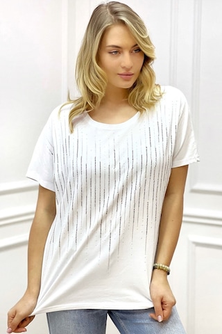 Rich Glam Bol Kesim Bisiklet Yaka Büyük Beden Crystal Taşlı Kadın T-shirt Beyaz