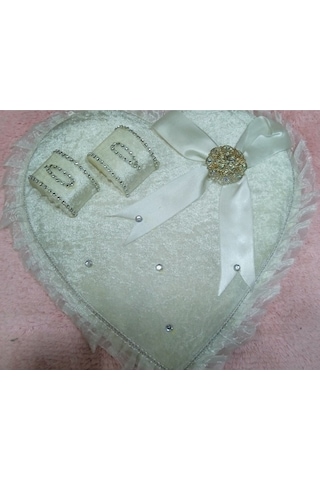 Söz Nişan Tepsisi Ahşap Kadife Kaplama Yüzüklük Kalp Beyaz/ Gümüş Gümüş