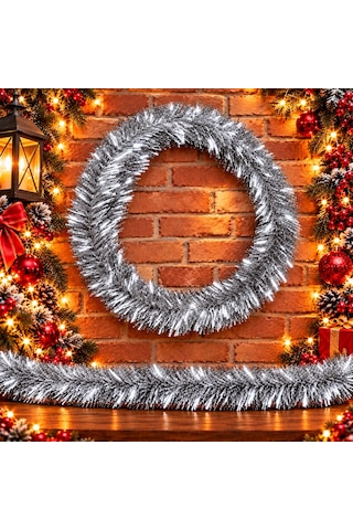 5 Metre Gümüş Garland Gümüş Çam Dalı 6 Cm Çap Yılbaşı Garlandı Parlak Metalik Dekor İnce Garland