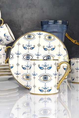 Altın Yaldızlı Nazar Göz Desenli 6 Kişilik Porselen Fincan Takımı 12 Parça Şık Sunum Seti Evil Eye Desenli