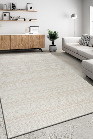 Modern Geometrik Tasarımlı Jüt Dokuma Loop Sisal Bej Halı Bej