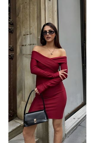 Lymens Noir Elegance Çapraz Bant Detaylı Elbise Bordo