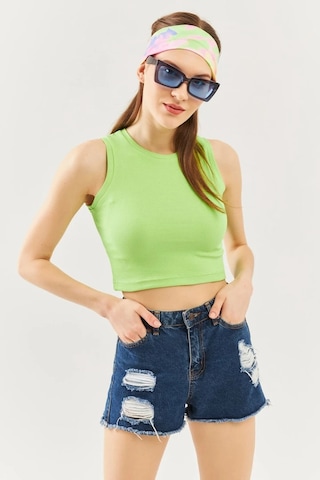 Butikgiz Kadın Sıfır Kol Bisiklet Yaka Vücuda Oturan %100 Pamuklu Kaşkorse Esnek Crop Bluz Fıstık Yeşili