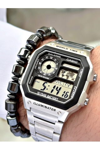 Casio Gümüş Renk Kare Model Dünya Saatli Dijital Erkek Kol Saati + Bileklik Hediyeli Nda90