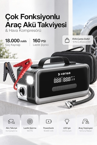 Araç Süpürgeli Akü Takviyeli Jump Starter & 160 Psı Kompresör Araç Kiti 18.000 Mah