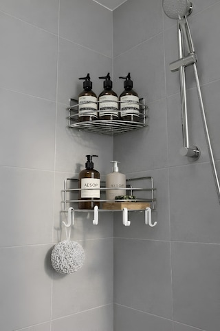 Sas Haus Tek Katlı Köşe Duş Rafı Kancalı Banyo Şampuanlık & Organizer 2 Adet Krom Tk-01 Siyah