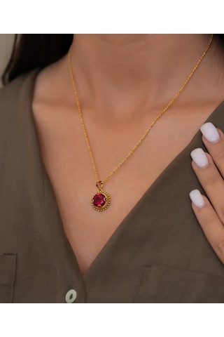 Bayar Gold 14 Ayar Altın Kırmızı Güneş Taşlı Kolye Sarı Altın