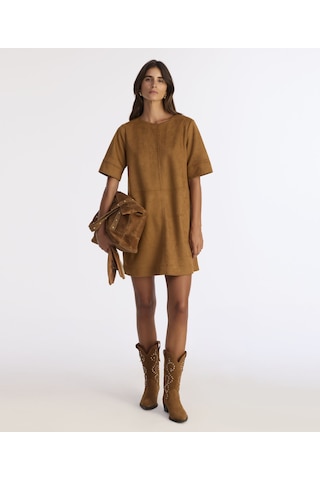 Yargıcı Düz Kayık Yaka Kısa Kol Elbise 25kkel7048x 018 Kahverengi