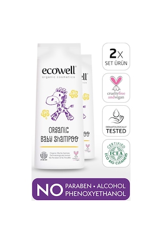 Ecowell Bebek Saç & Vücut Şampuanı Set Organik & Vegan Sertifikalı - Parabensiz Doğal Konak Önleyici 2x300 Ml