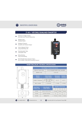Ems Kontrol - Göstergeli Sıcaklık Nem Transmitteri 0-10 V / (-20) - (+80) °C