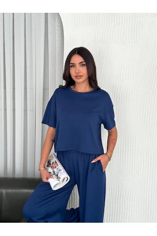 Osy Modal Yumuşak Dokulu Kumaş Bisiklet Yaka T-shirt Bol Paça Pantalon Ikili Takım -saks Mavi Saks Mavi