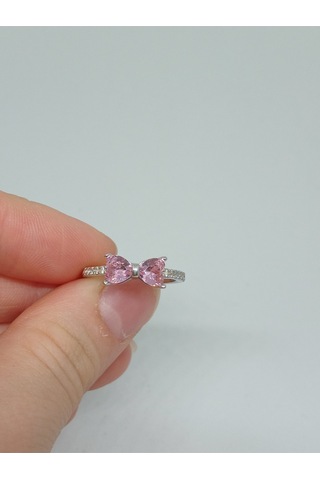 925 Ayar Gümüş Pembe Taşlı Fiyonk Figürlü Yüzük Sevimli Ve Zarif Tasarım Gümüş