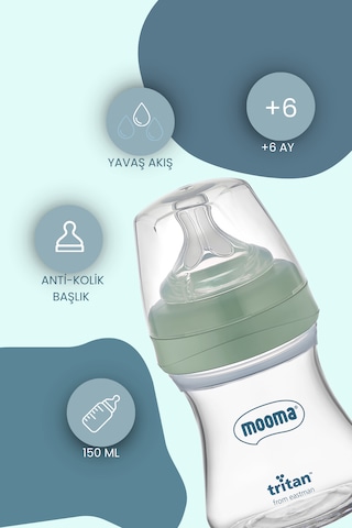 Mooma Neutra Antikolik Tritan Biberon 150 Ml 0-6 Ay Yavaş Akış - Yeşil