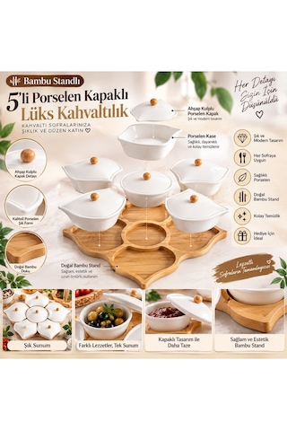 Bambu Standlı 5 Li Porselen Kapaklı Lüks Kahvaltılık Beyaz