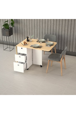 Asra Trend Raflı Modern Katlanır Mutfak Masası KM-09 %100 MDF 3 Çekmeceli Tekerlekli Servis Masası Akça Ağaç