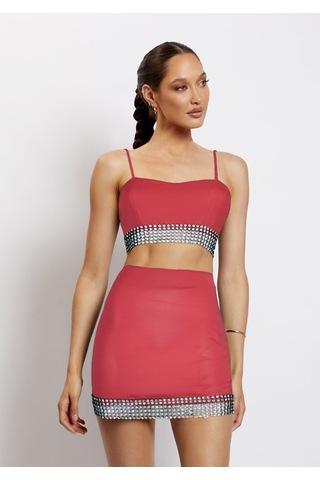 Ergü Gül Kurusu İp Askılı Arkası Brit Bağlamalı Taş Aksesuarlı Kadın Crop Etek Takım Ergü1519-3