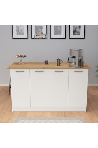 Umg Mobilya Patentli 160lık Benzila Siyah Kulplu Ada Mutfak, Mutfak Dolabı, Çok Amaçlı Dolap Beyaz - Meşe