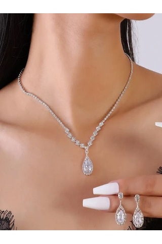 Gümüş Kaplama Zirkon Taşlı Kolye Ve Küpe Düğün Seti Gümüş