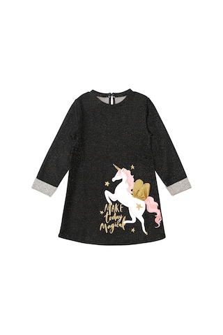 Denokids Kız Çocuk Kışlık Unicorn Desenli Siyah Uzun Kollu Elbise 3-9 Yaş