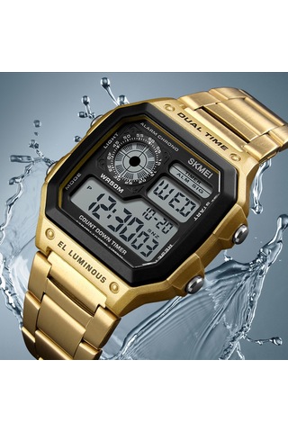 Yunboo Erkekler İçin Dijital Saat - Güneş Işığı, Stopwatch, Alarm, Hafta/gün Gösterimi - Paslanmaz Çelik Kordon - Altın Renk Çok Renkli