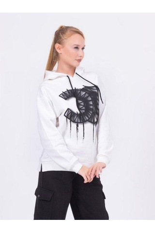 Kız Çocuk Pamuklu Kapüşonlu Baskılı Sweatshirt-13425-beyaz Beyaz