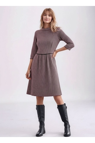 Kadın Degaje Yaka Uzun Kollu Cepli Büyük Beden Curve Şık Elbisesi Pembe