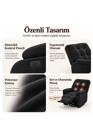 Smarto Relax Porto Masajlı Elektrikli Döner Sallanan Tv Koltuğu Kontrol Panelli Ergonomik Polyester Baba Koltuğu Siyah