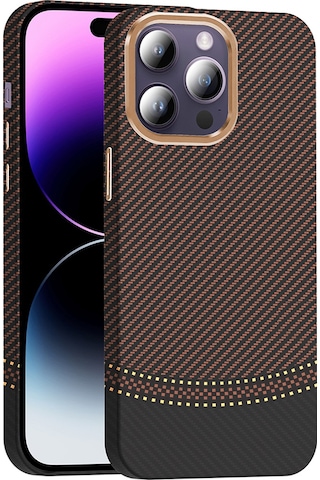 Apple Uyumlu iPhone 14 Pro Max Kılıf M-safe Şarj Özellikli Karbon Fiber Görünümlü Zore Gros Kapak Gold-Siyah