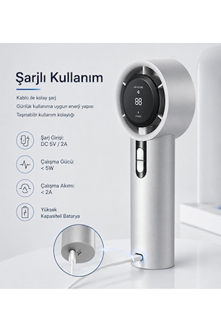 100 Kademeli Dijital Göstergeli Şarjlı El Tipi Fan Taşınabilir Mini Masaüstü Fan Gri