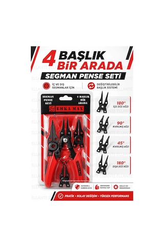 4 Başlıklı Segman Pense Seti İç & Dış Segman Uyumlu Değiştirilebilir Uçlu Profesyonel Karbon Çel