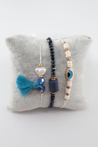 3lü Püsküllü İncili Nazar Boncuklu Asansörlü Bileklik. Lastikli Boncuklu Bileklik. Kadın İp Bileklik Çok Renkli