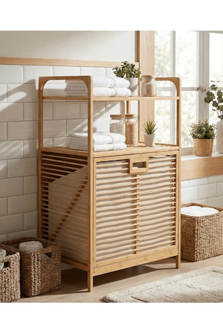 Bambu Kirli Sepetli 2 Raflı Çok Amaçlı Banyo Düzenleyici Çamaşır Sepeti Organizer 64 40 95cm Bej