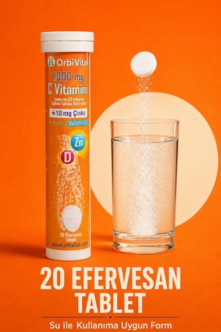 Orbivital C Vitamini 1000 Mg + Çinko + D3 Vitamini Efervesan Tablet 20'li