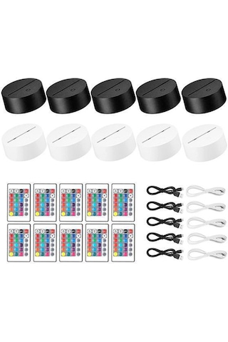 Xurunkeji 10'lu Paket 3d Gece Led Işıklı Lamba Tabanı + Uzaktan Kumanda + Usb Kablosu, Akrilik İçin 16 Renk Işık Gösterisi Ekran Standı Siyah + Beyaz