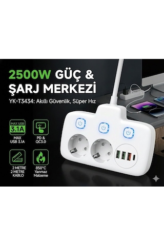 Plentiful 2500w Güçlü Akım Korumalı 3 Usb + Type-c Portlu Çoklu Priz Hızlı Şarj, Çocuk Kilidi, 850 C Yanmaz Malzeme 2