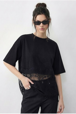 Shade Kadın Bisiklet Yaka Dantel Detaylı Rahat Kalıp T-shirt 1074 60286064 - Siyah