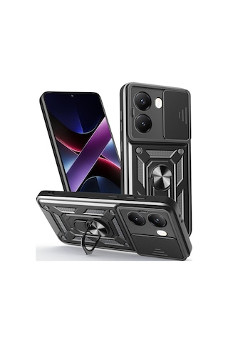 Xiaomi Poco X7 Pro Kılıf Yüzüklü Manyetik Standlı Kamera Sürgülü Armor Zırh Siyah