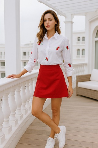 Kadın Kiraz Desenli Beyaz Pamuk Gömlek Beyaz