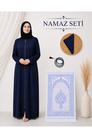 Bilenler Kadın Namaz Seti Fermuarlı Viskon Namaz Elbisesi Örtü İnci Tesbih Seccade M1001 Lacivert