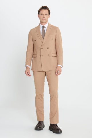 Ac&Co / Altınyıldız Classics Erkek Cml Slim Fit Dar Kesim Kırlangıç Yaka Beli Bağlamalı Çizgili Esnek Kruvaze Takım Elbise Cml Camel