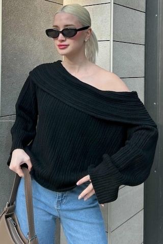 Madmext Siyah Madonna Yaka Kadın Kazak Mg2274 Siyah