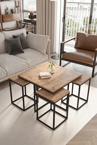 Lizbon 4+1 Kare Sehpa Takımı Siyah Metal - Atlantik Çam Tabla